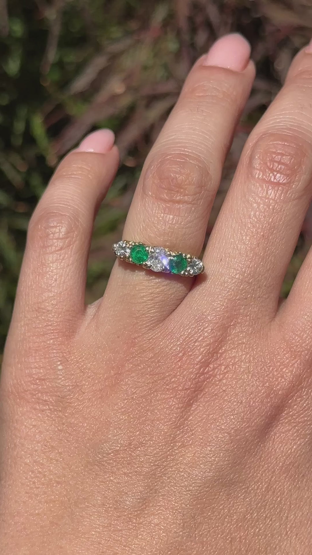 Vintage Victorian Style 18k Gold Diamond and Emerald Five Stone Band Ring English Hallmarks