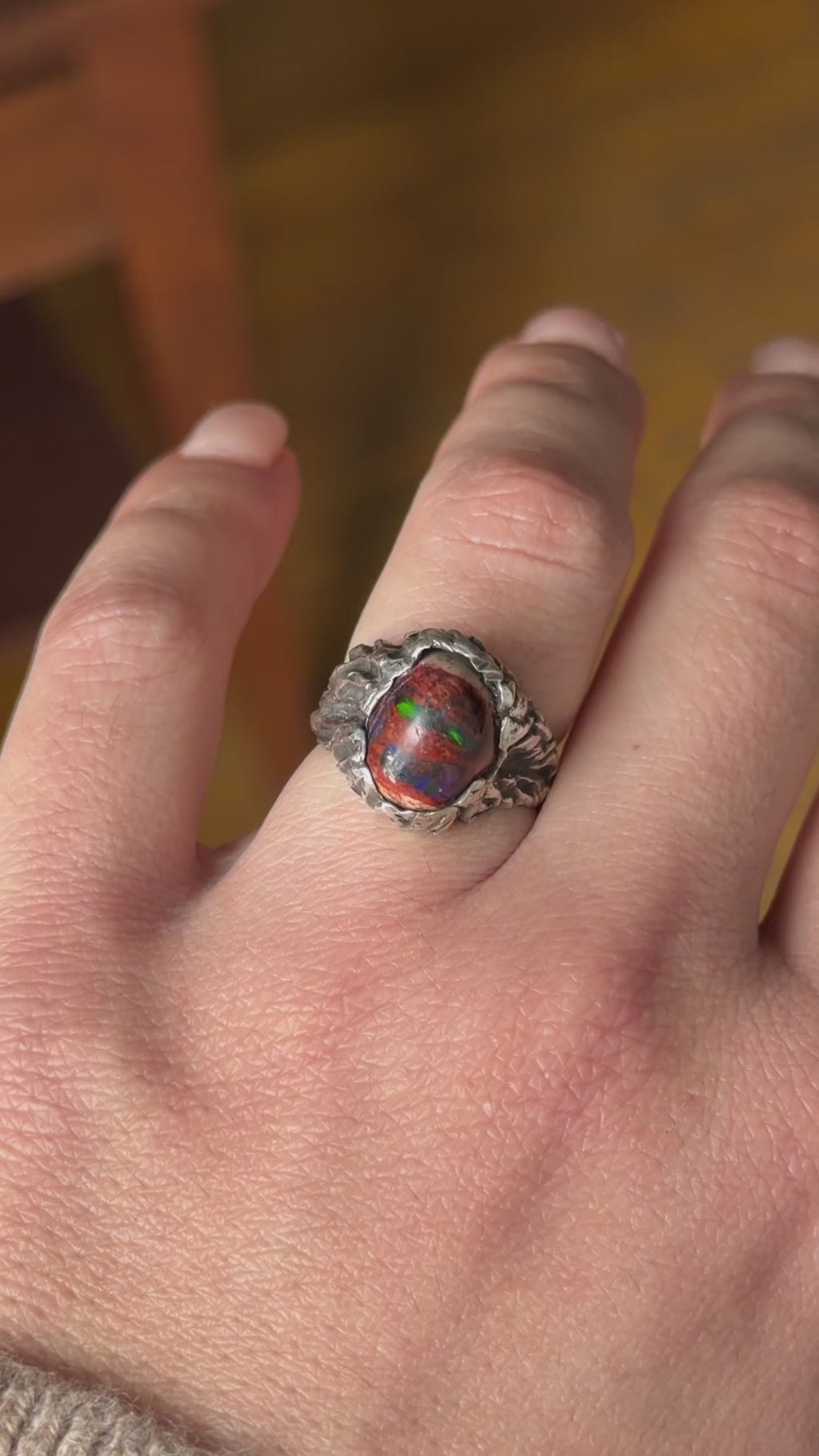 Vintage Sterling Silver Brutalist Mexican Fire Opal Ring c.1970s