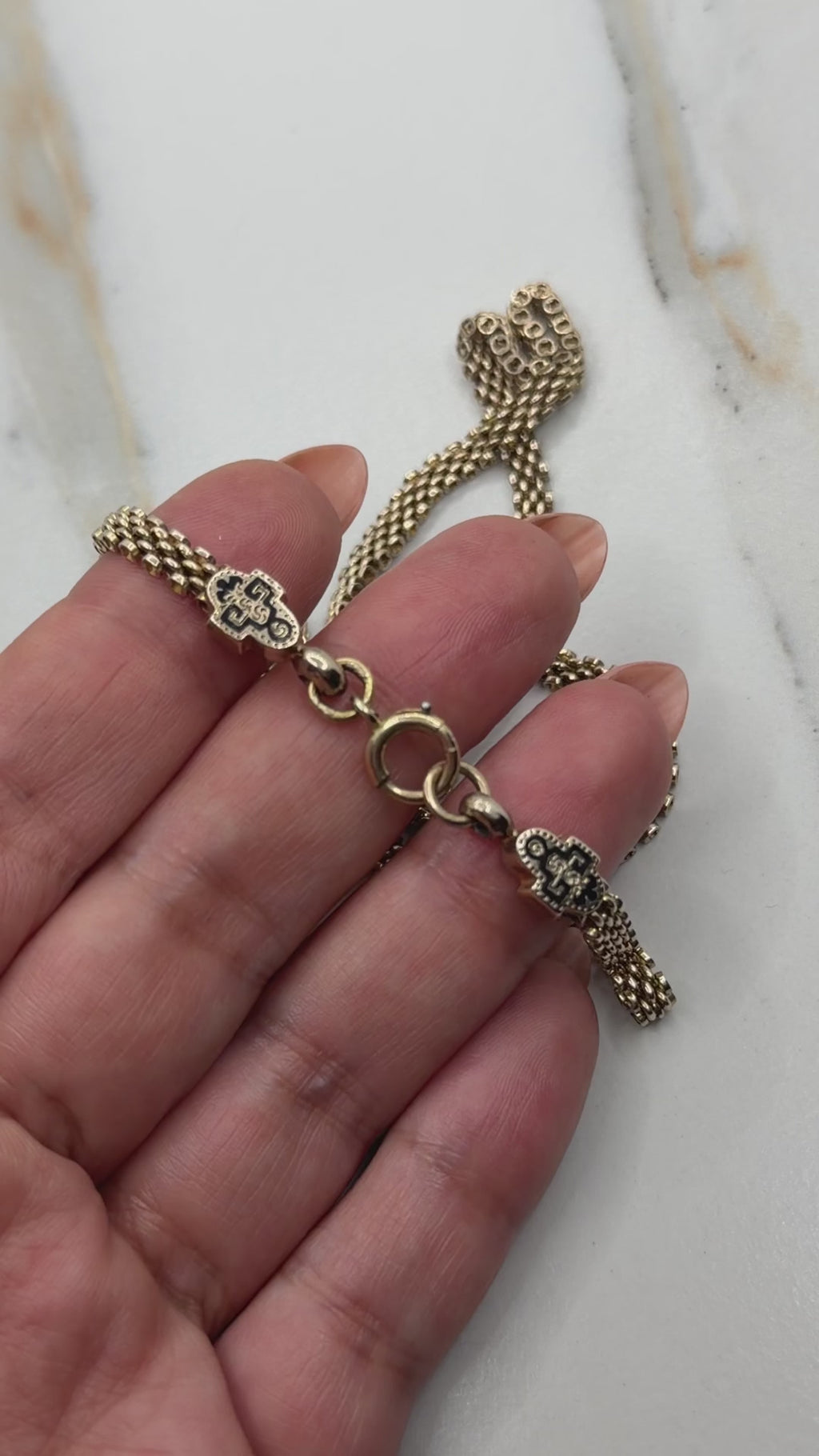 Antique Victorian 14K Gold Black Enamel Woven Chain Necklace c.1880s