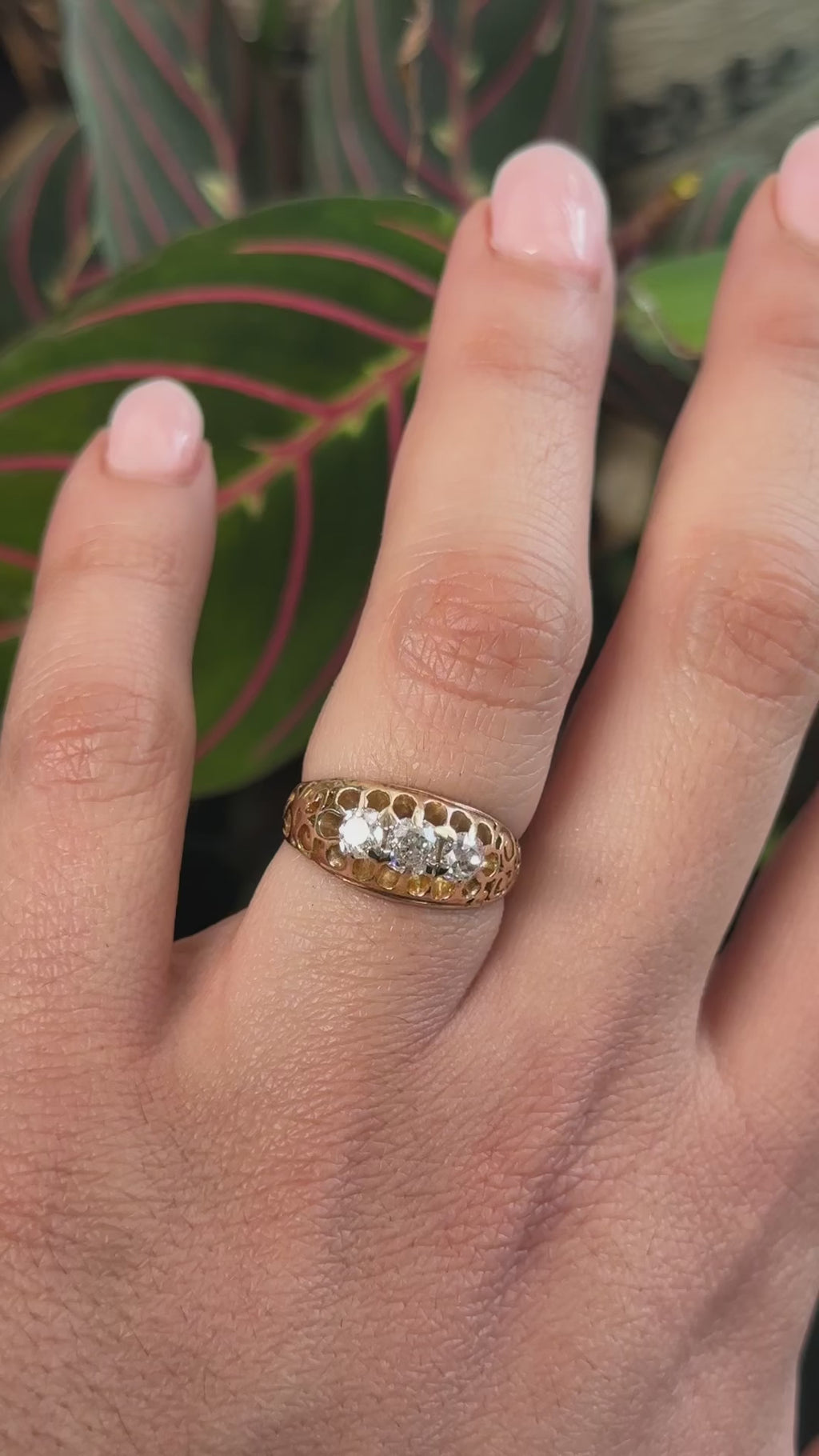 Antique Victorian 14k Gold Old Mine Cut Diamond Three Stone Ring c.1880s