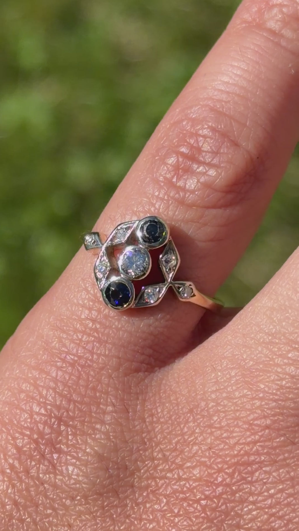 Art Deco 14k Gold Ring with Natural Sapphires and Diamonds c.1920s