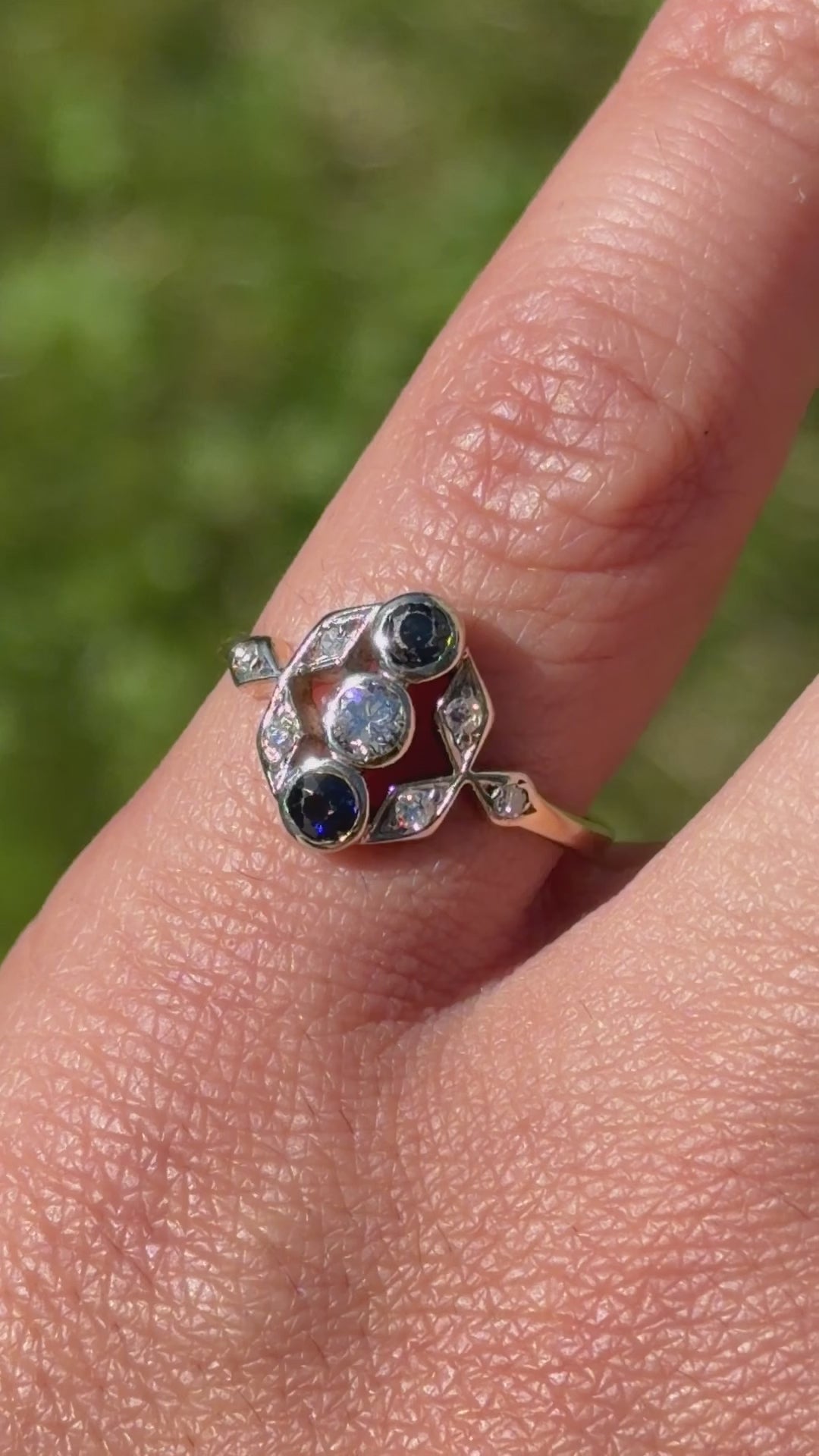 Art Deco 14k Gold Ring with Natural Sapphires and Diamonds c.1920s