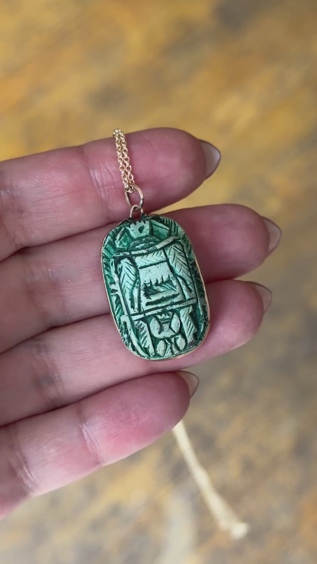 Vintage Large Faience Scarab Pendant in 14k Gold Frame