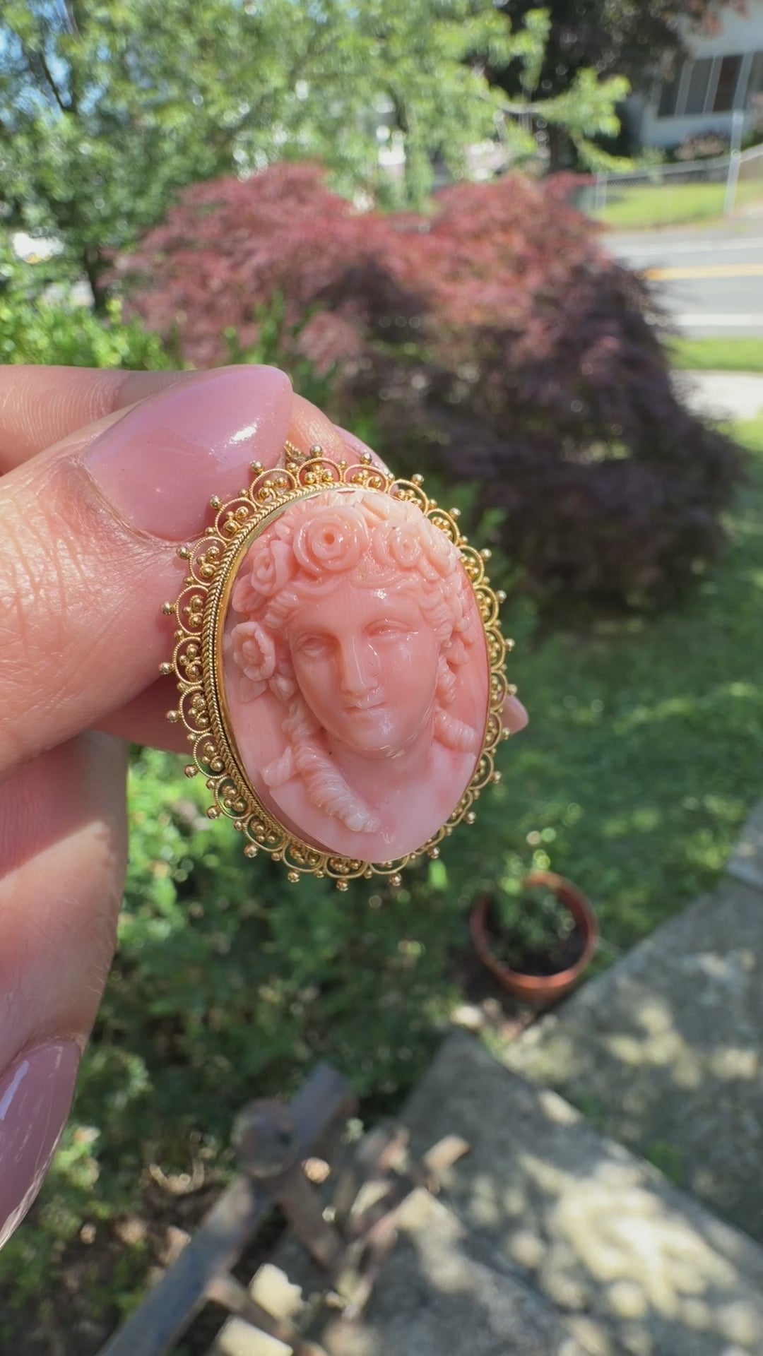 Antique Victorian Carved Coral Cameo in 12k Gold Filigree Pendant Brooch c.1880s