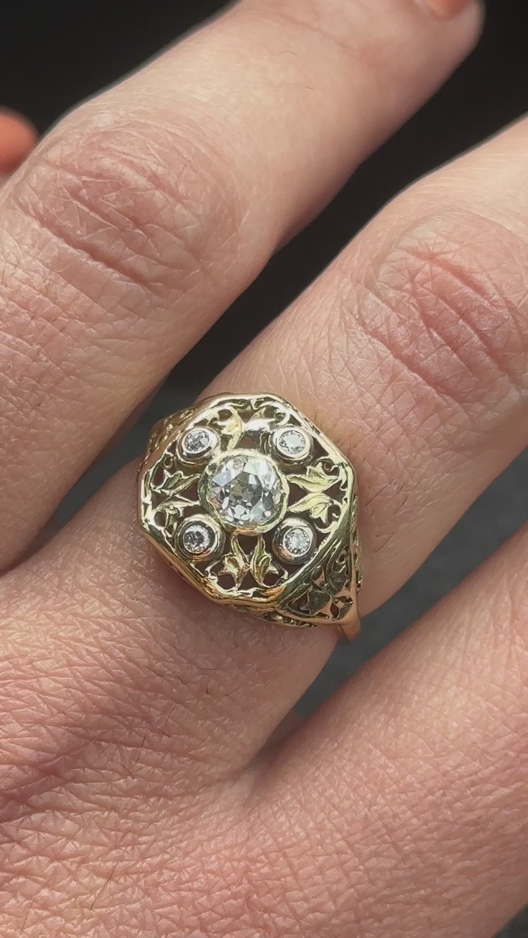 Antique 18k Gold Filigree Ring with .71 TCW Old Mine Cut Diamonds