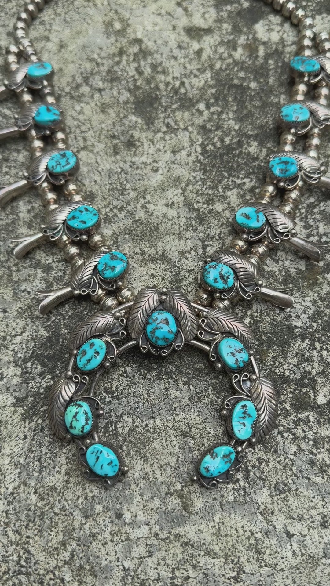 Vintage Navajo Sterling Silver Turquoise Squash Blossom Necklace, Circa 1970s
