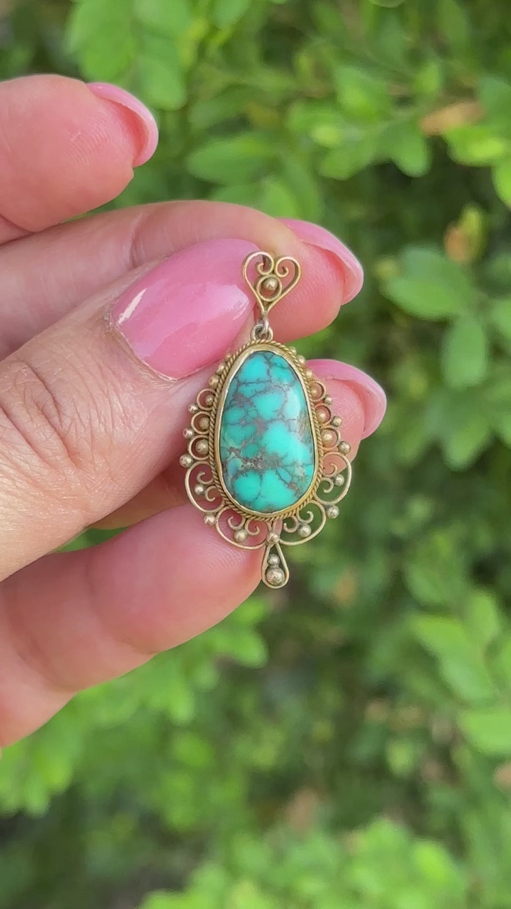 Antique 14k Gold Filigree Turquoise Nugget Pendant Necklace