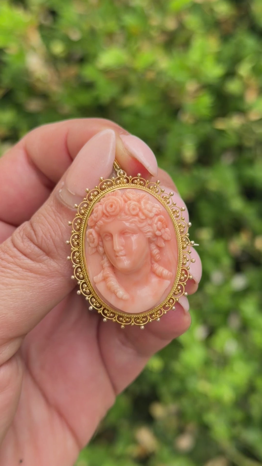 Antique Victorian Carved Coral Cameo in 12k Gold Filigree Pendant Brooch c.1880s