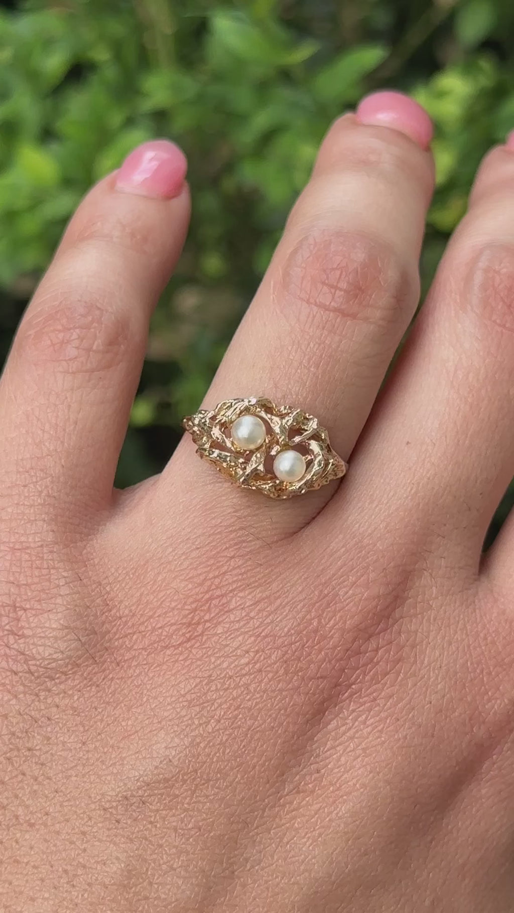 Vintage 14k Gold and Pearl Brutalist Birds Nest Ring c.1970s