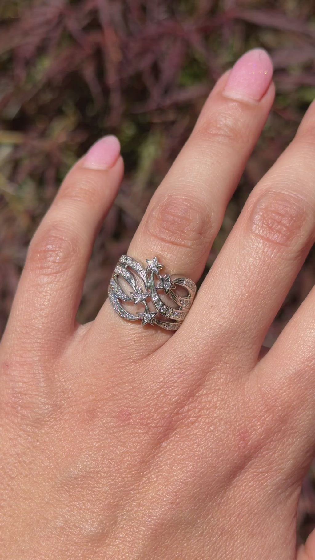 Vintage 14k White Gold Natural Diamond Shooting Star Ring Celestial Jewelry c.1980s