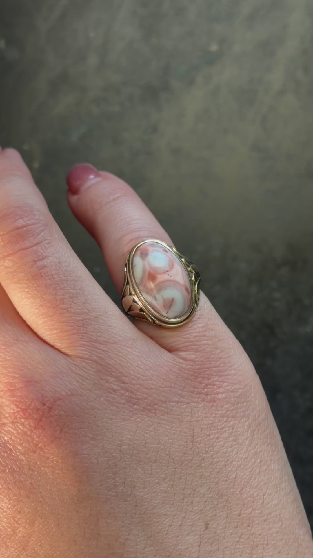 Antique Art Deco Egyptian Revival Lotus Flower Pink Ocean Jasper Ring c.1920s