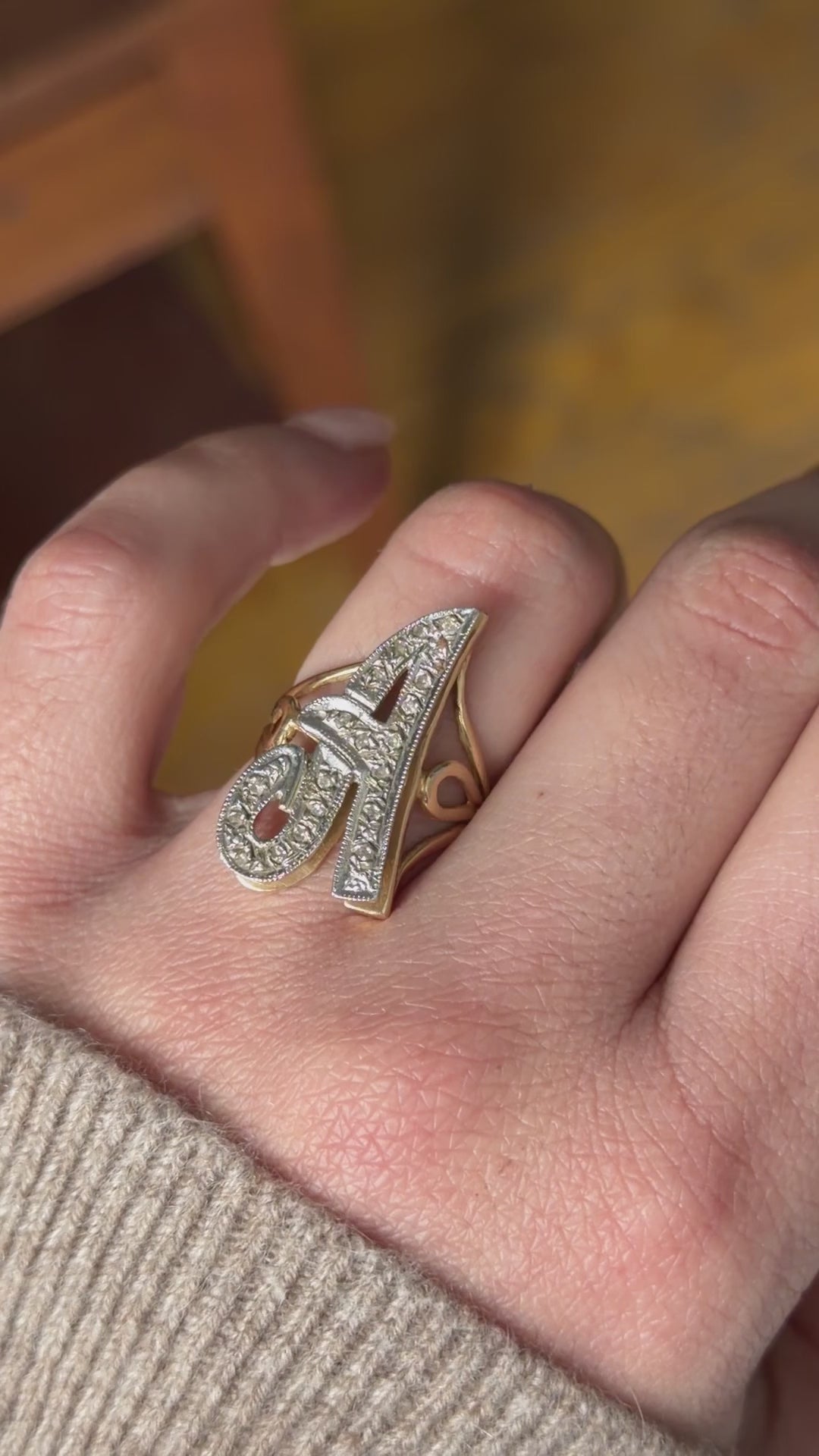 Vintage 14k Gold A Initial Ring With Diamonds c.1960s