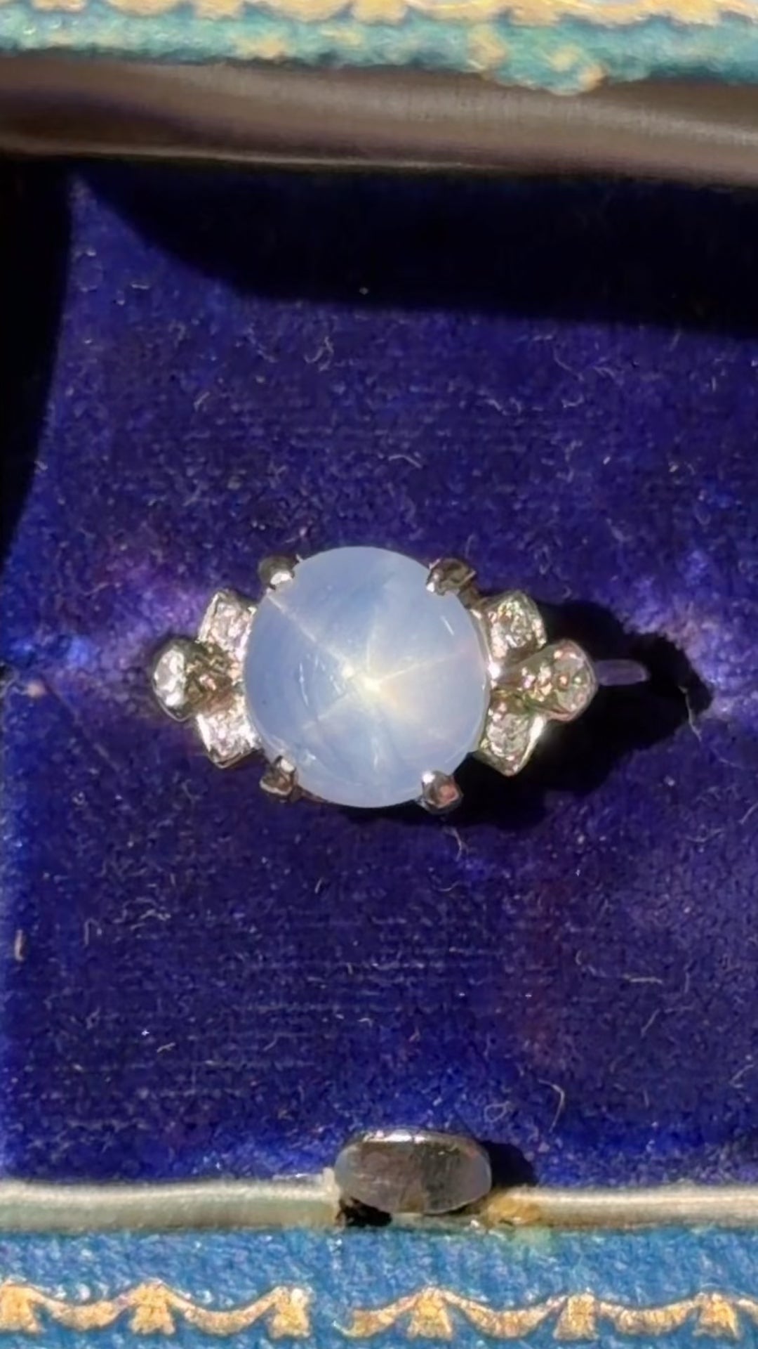 Vintage 14k White Gold Natural Star Sapphire and Diamond Ring c.1940s