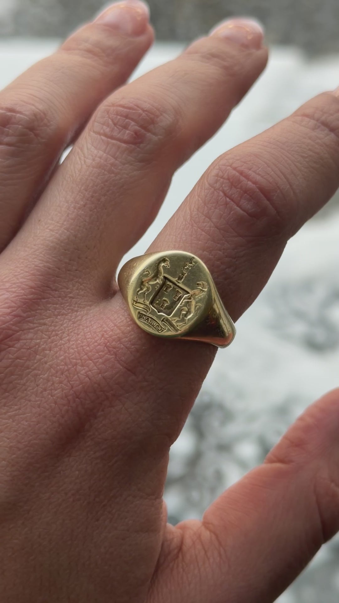 Vintage 14k gold Signet Ring COURAGE Horses Equestrian Mens Signet Ring c.1930s