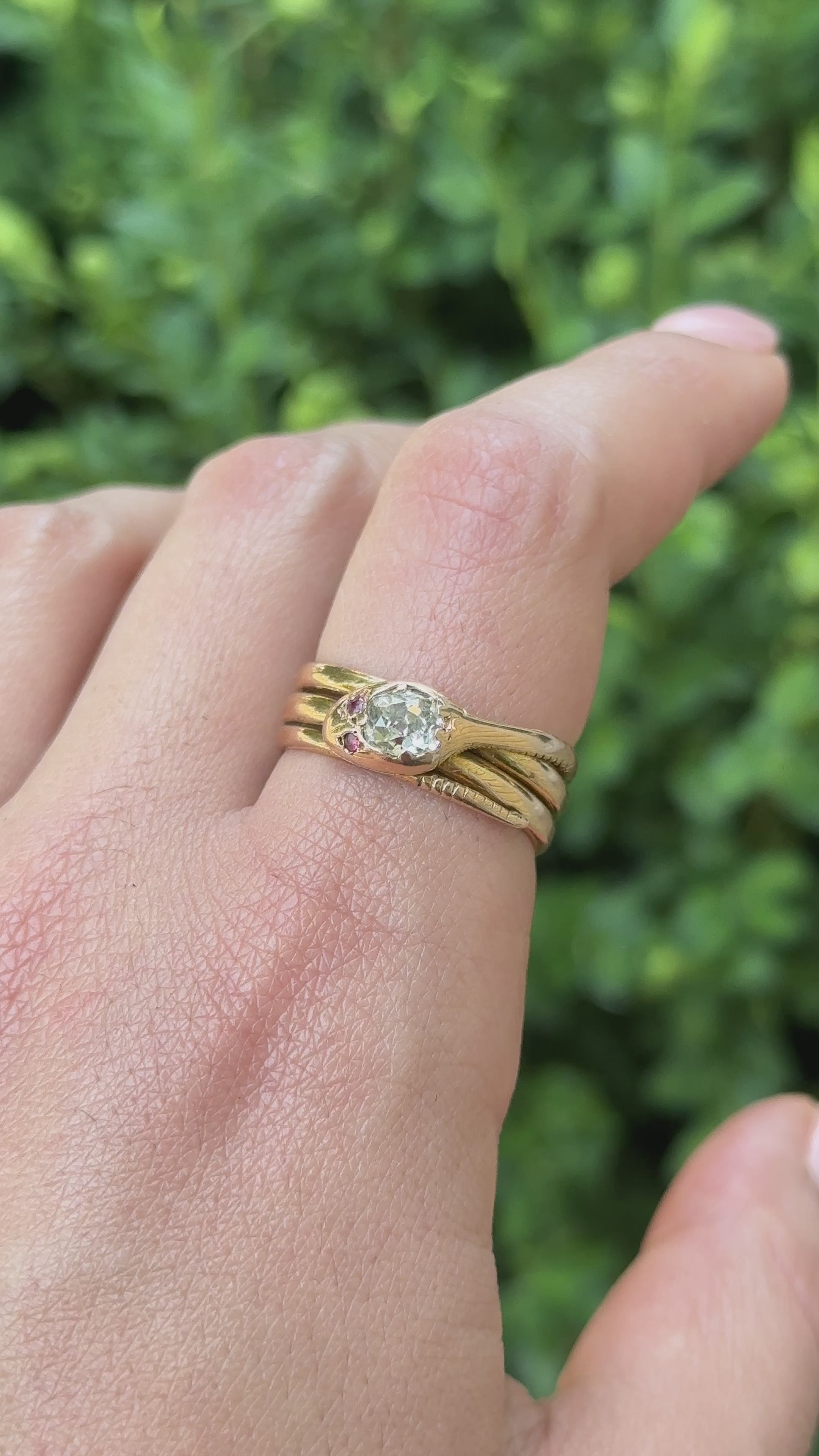 Antique Victorian 14k Gold Snake Ring with .65ct Old Mine Cut Diamond