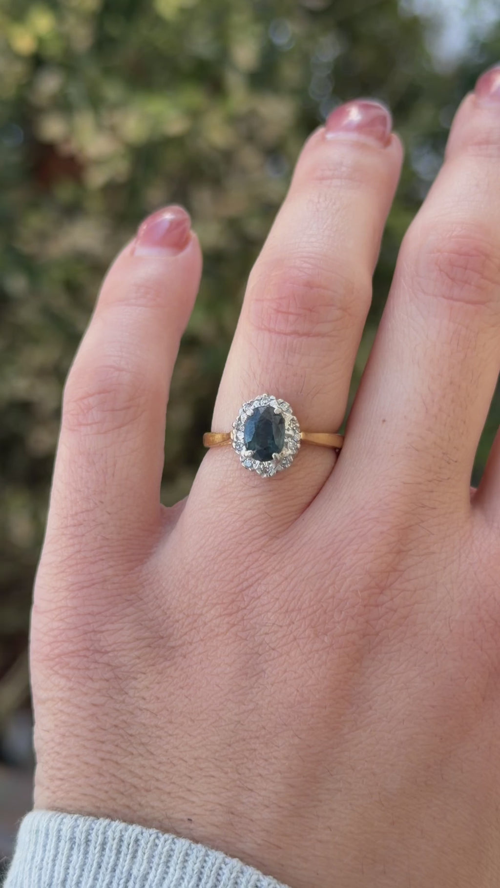 Vintage 18k Gold Natural Sapphire and Diamond Halo Ring c.1970s