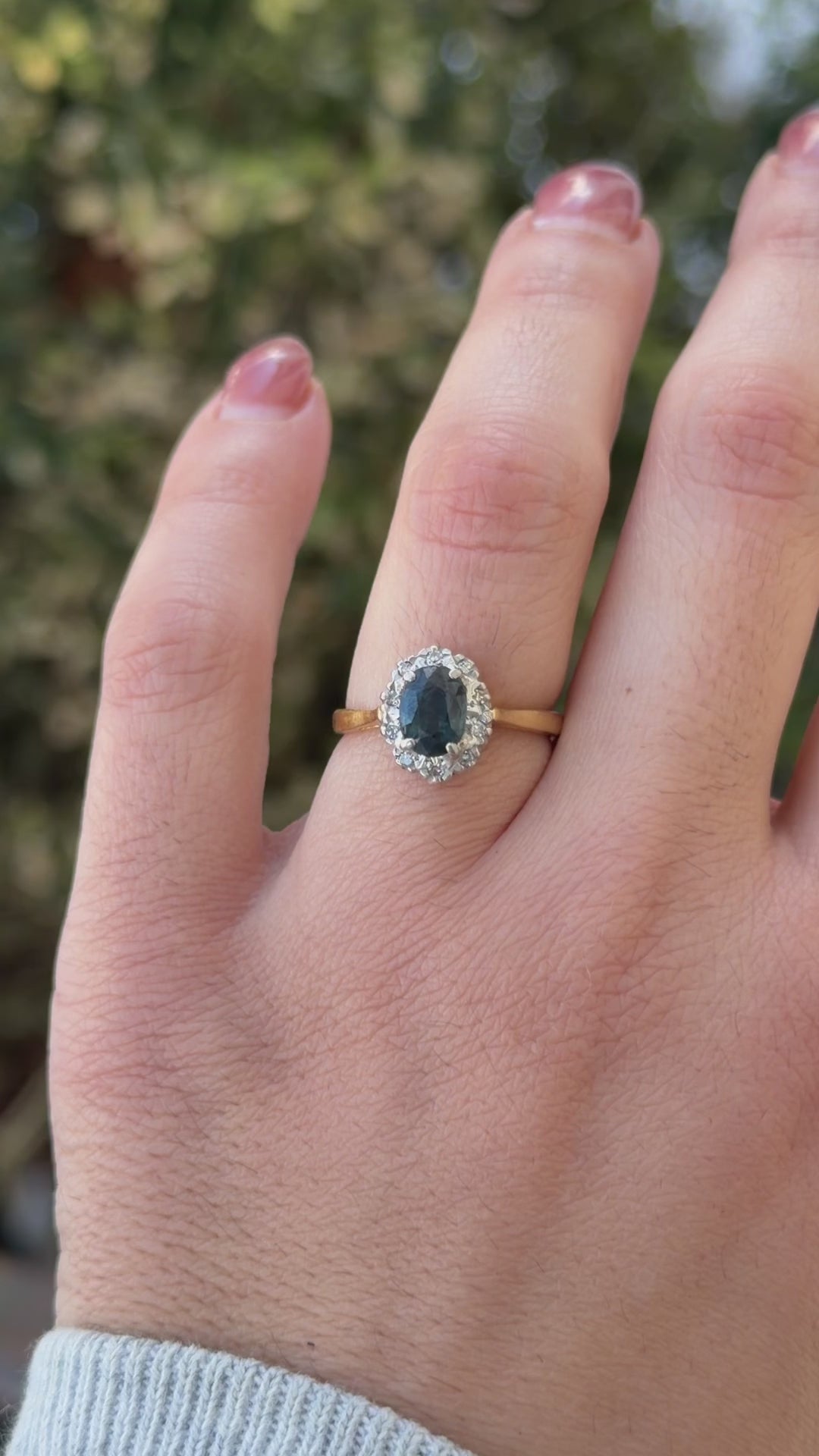 Vintage 18k Gold Natural Sapphire and Diamond Halo Ring c.1970s