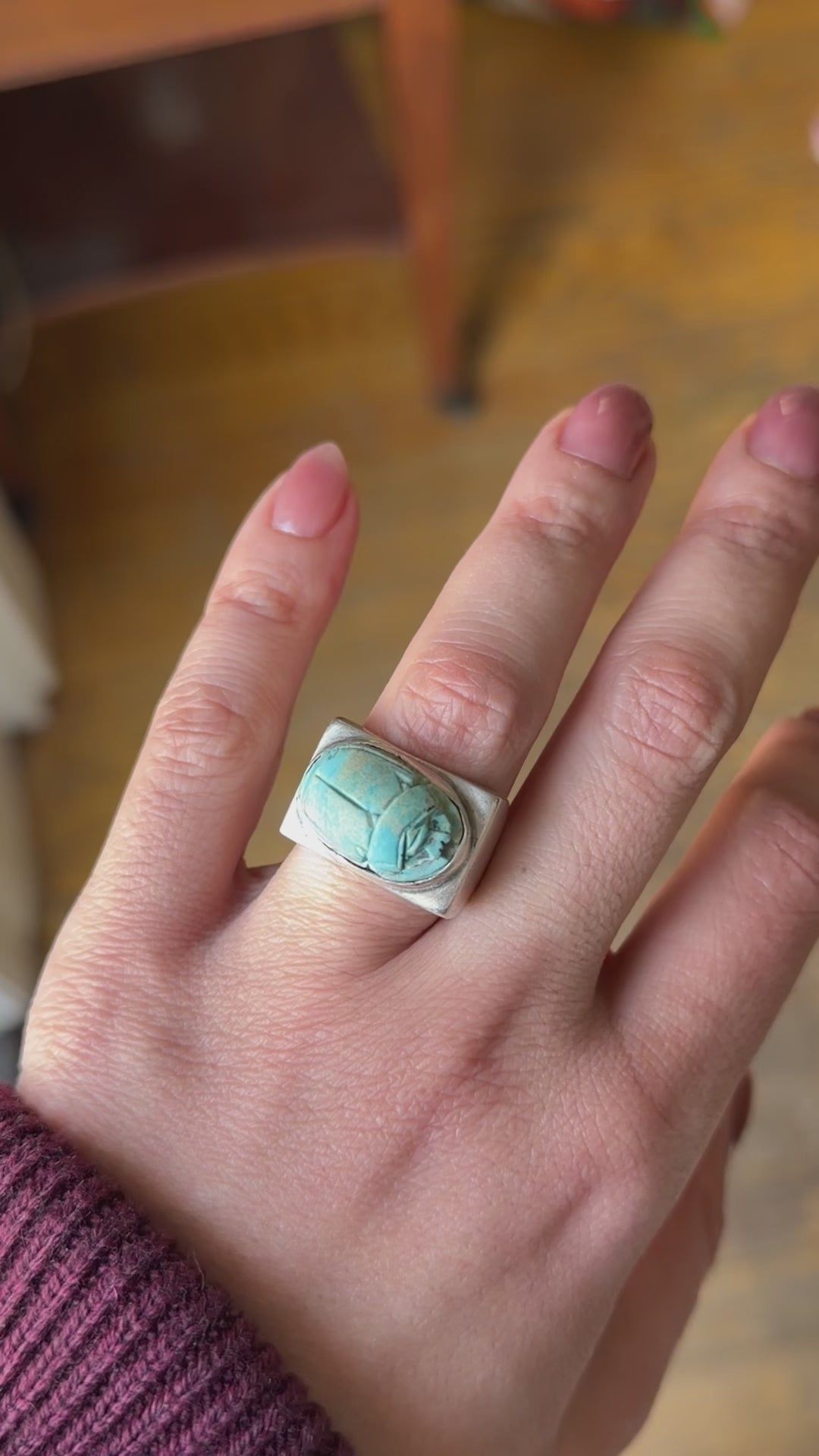 Vintage Sterling Silver Faience Scarab Ring c.1970s