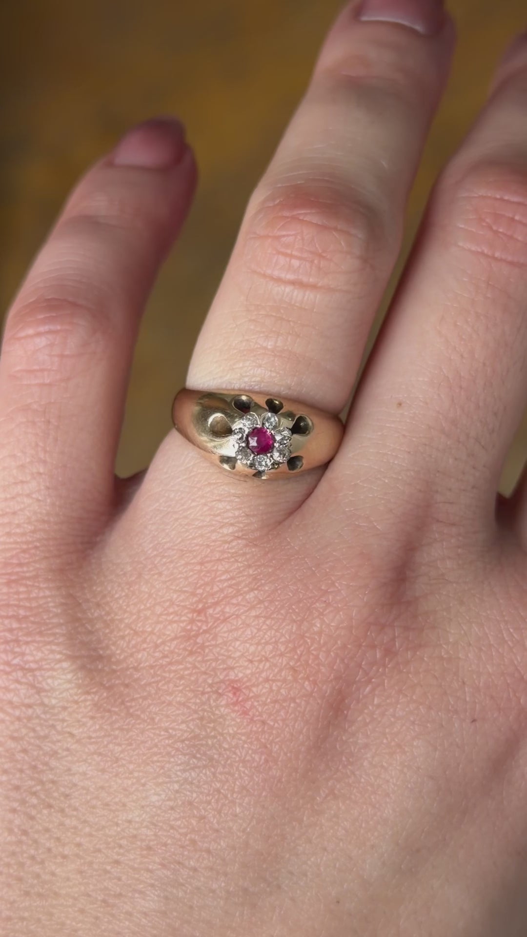 Antique 14k Gold Ruby and Old Mine Cut Diamond Flower Cluster Ring c.1890s