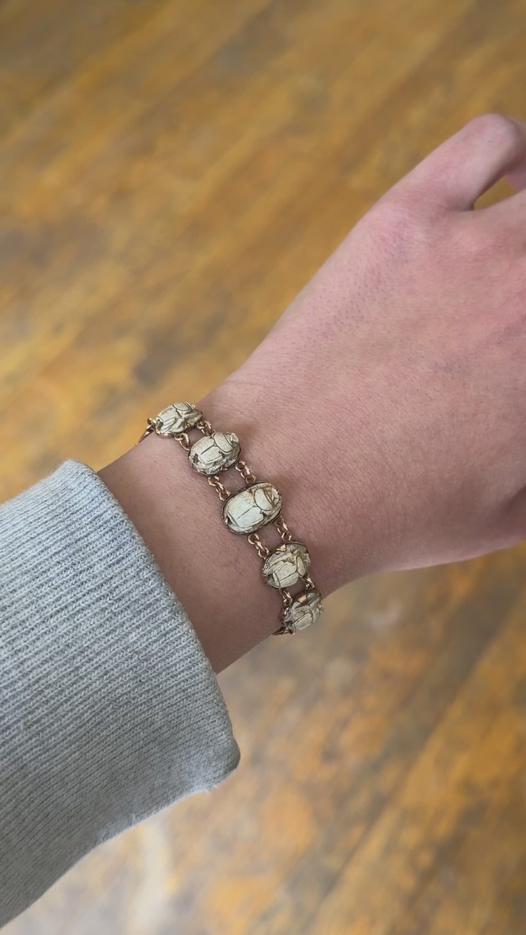 Vintage Egyptian Revival 14k Gold and Faience Scarab Bracelet Lotus Details c.1970s