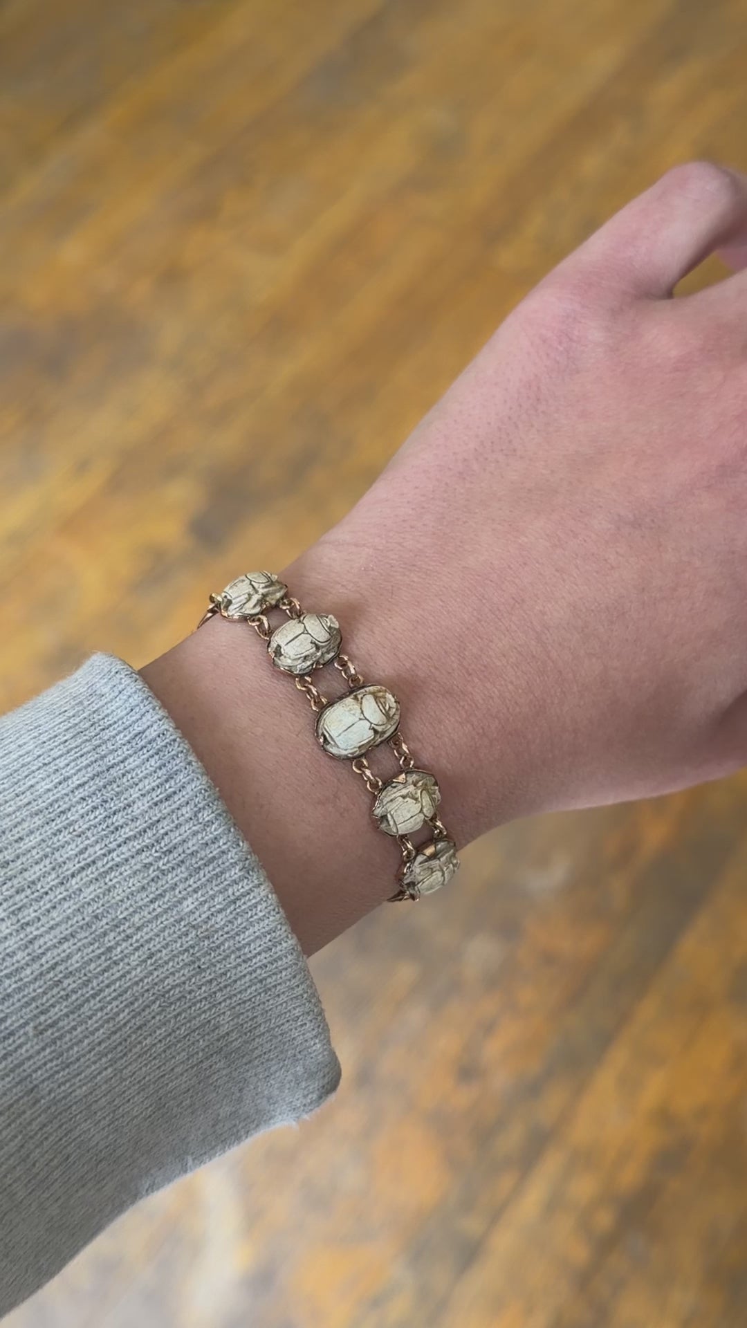 Vintage Egyptian Revival 14k Gold and Faience Scarab Bracelet Lotus Details c.1970s