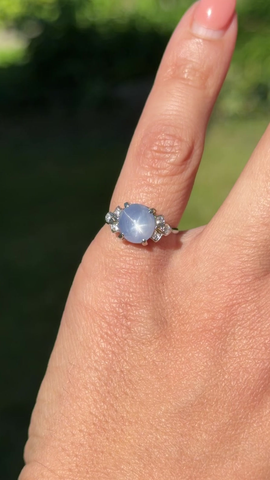 Vintage 14k White Gold Natural Star Sapphire and Diamond Ring c.1940s