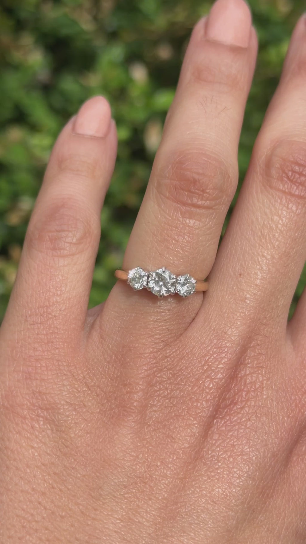 Vintage 14k Gold 1.00 ctw Transitional Natural Cut Diamonds Three Stone Ring c.1930s