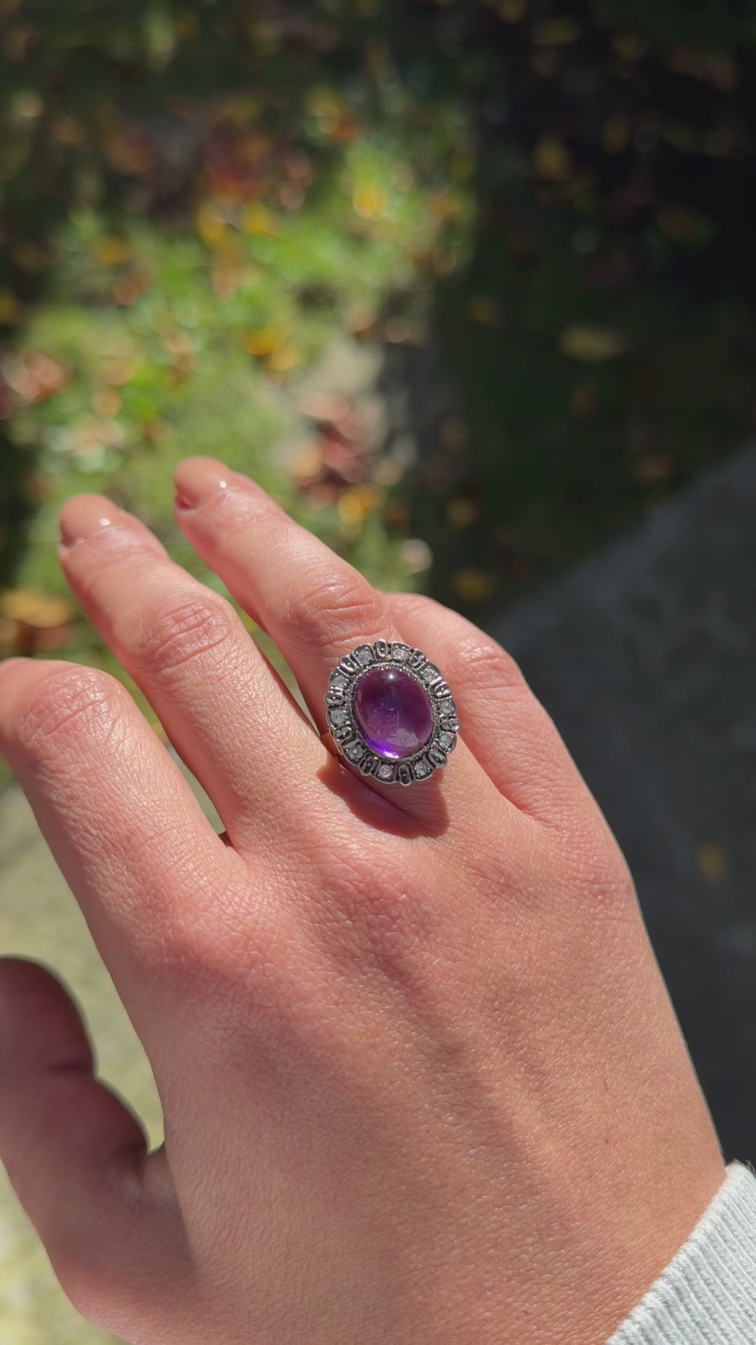 Antique Victorian Ring, 18k Gold and Silver, Amethyst Cabochon, Diamond Halo