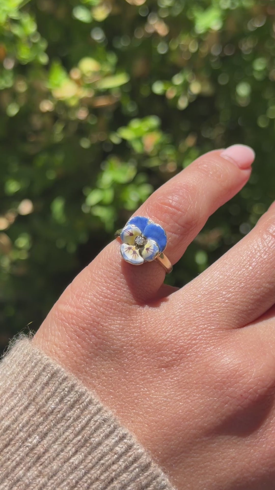 Antique Larter and Sons Art Nouveau 14k Enamel Pansy Flower Ring with Diamond