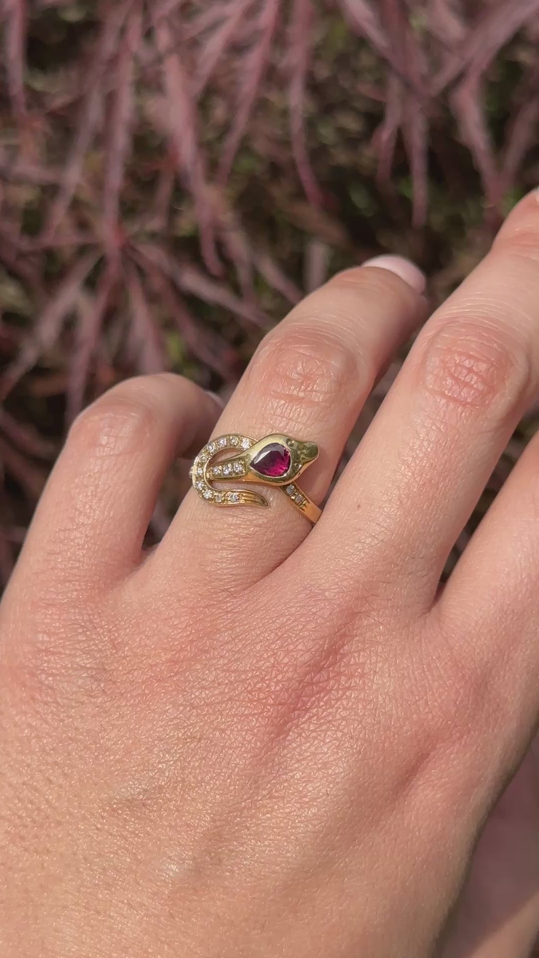 Vintage 18k Gold Ruby and Diamond Snake Ring Italian c.1980s