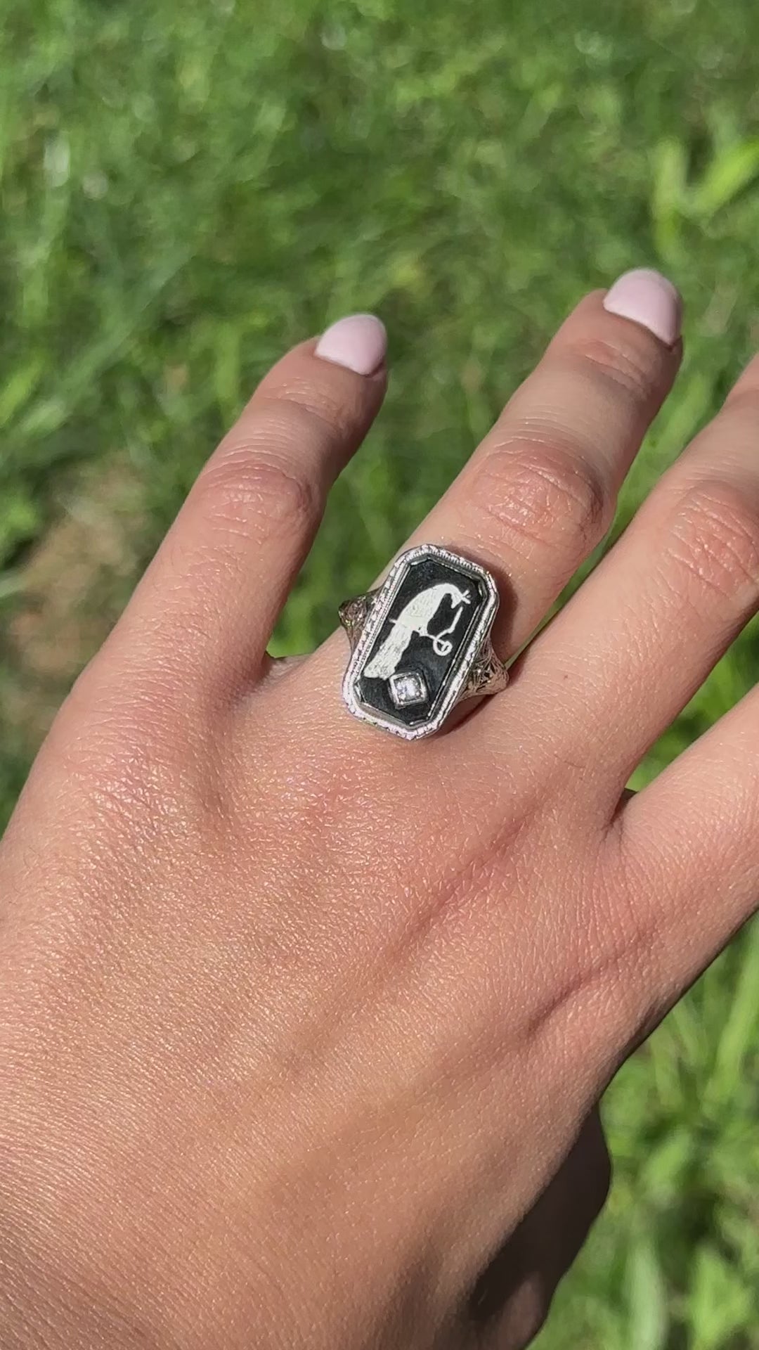 Antique Art Deco Peacock Ring 14k White Gold with Diamond