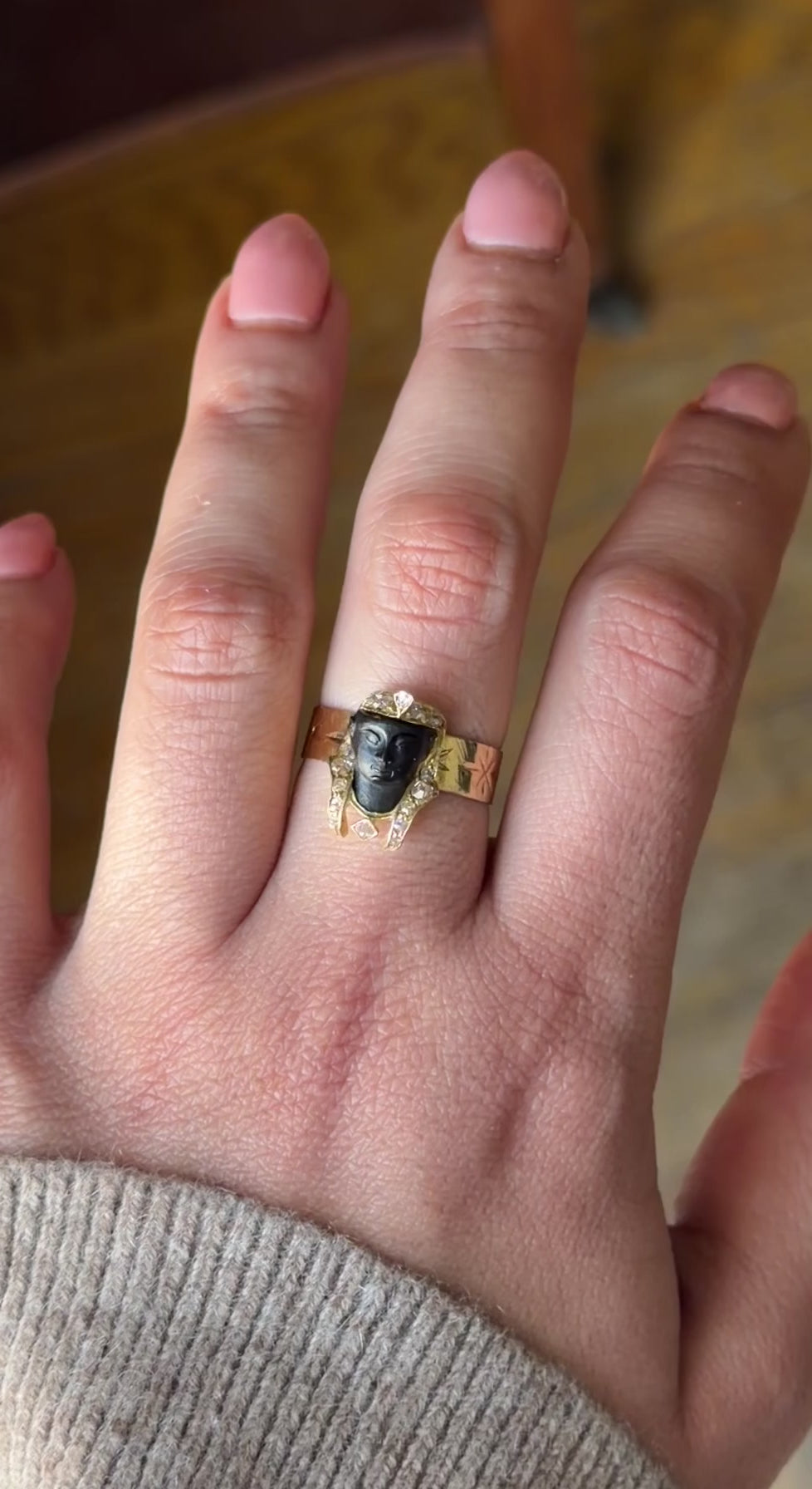 Antique Art Deco Egyptian Revival Pharaoh Ring with Rose Cut Diamonds