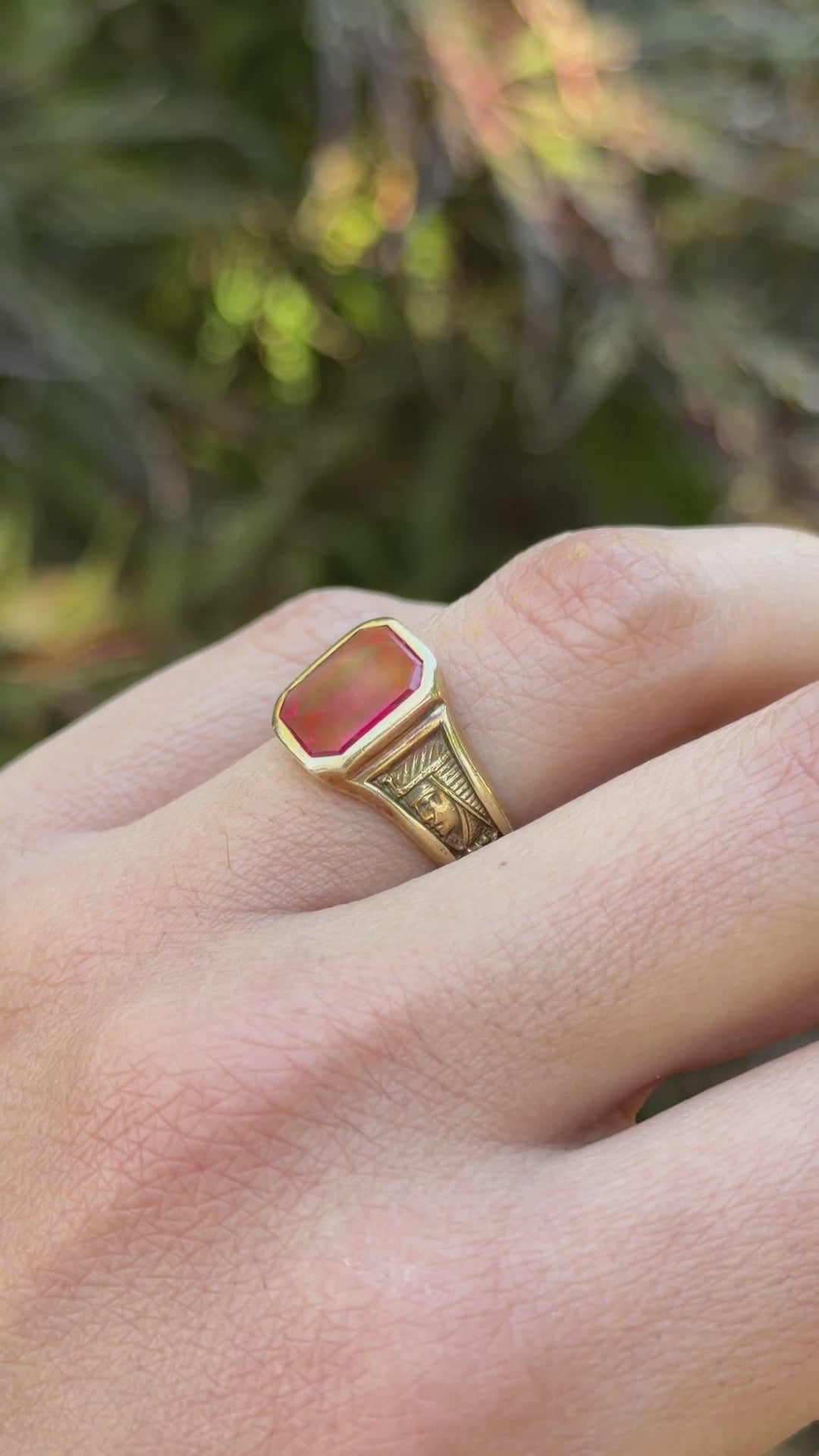 Vintage 14k Gold Art Deco Egyptian Revival Lab Ruby Signet Ring c.1930s