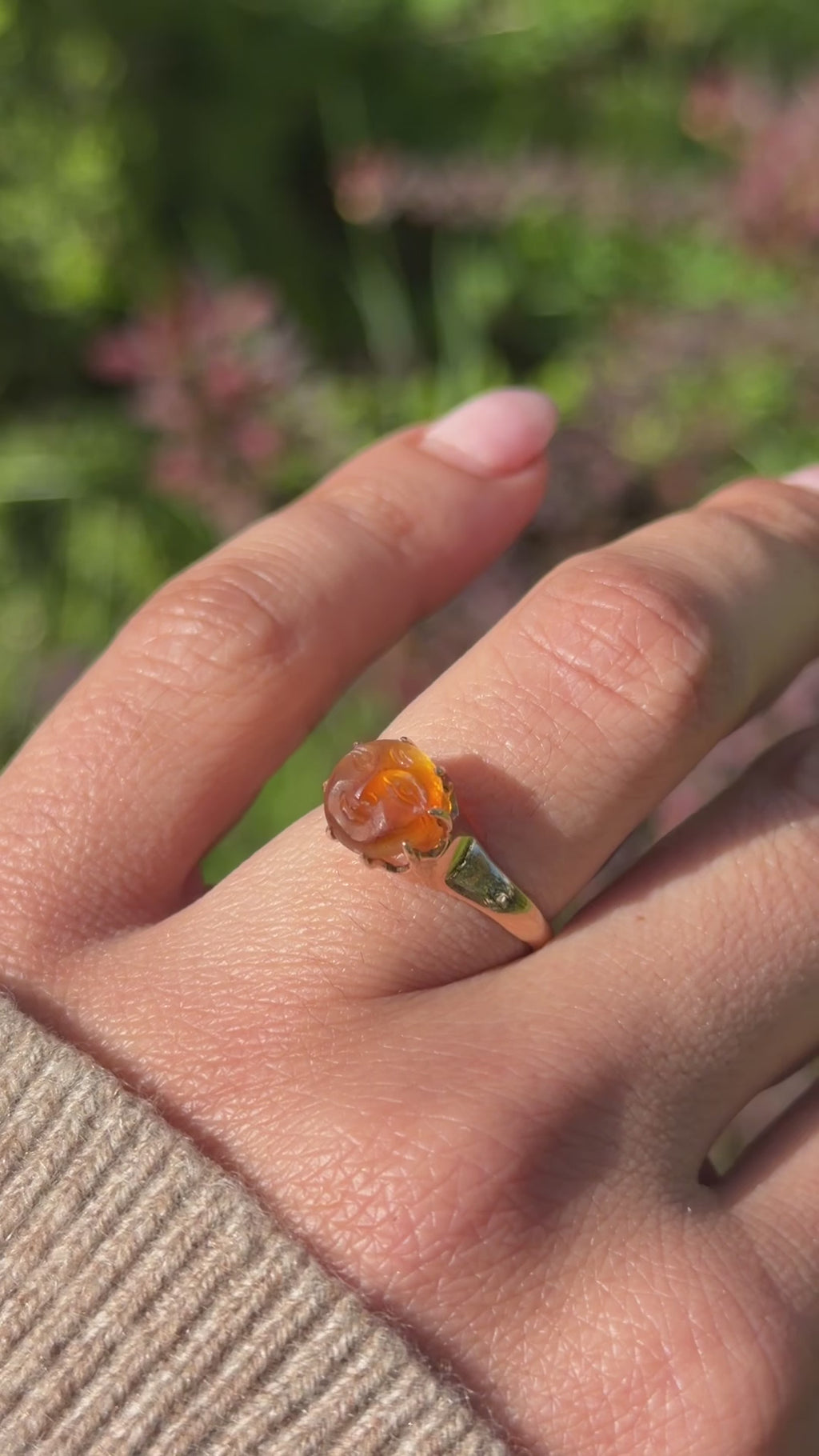 Antique 14k Gold Carved Orange Moonstone Man In The Moon Ring