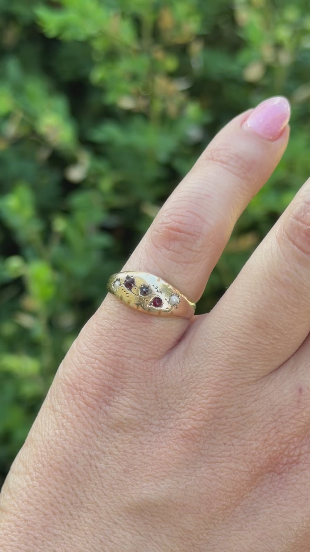 Antique Victorian 15K Gold Garnet & Seed Pearl Ring English Hallmarks 1887