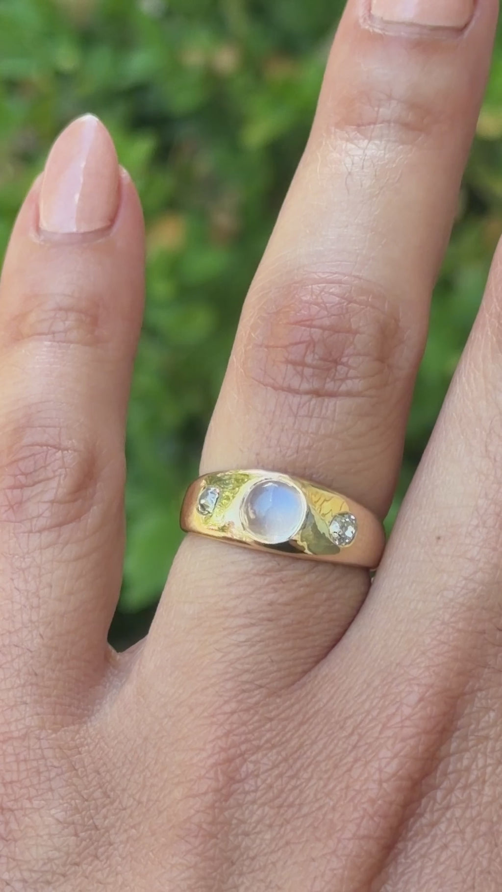 Antique 18k Gold Moonstone Bullet Cabochon Old Mine Cut Diamond Ring