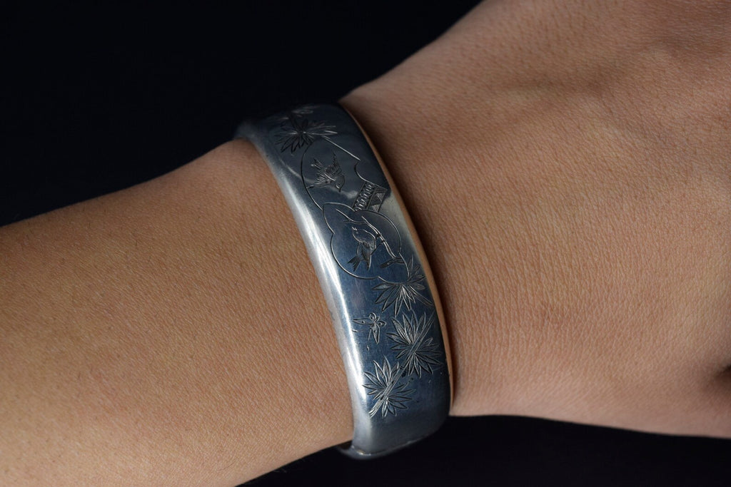 Antique Victorian Aesthetic Era Sterling Silver Bangle Bracelet with Swallow Birds