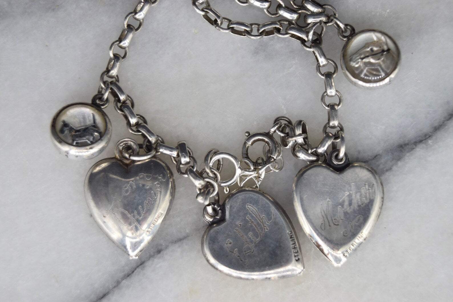 Antique Victorian Sterling Silver Charm Bracelet With Essex Crystal Animal Charms