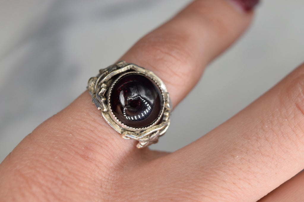 Antique Art Nouveau Garnet Cabochon Ring With Silver Shank