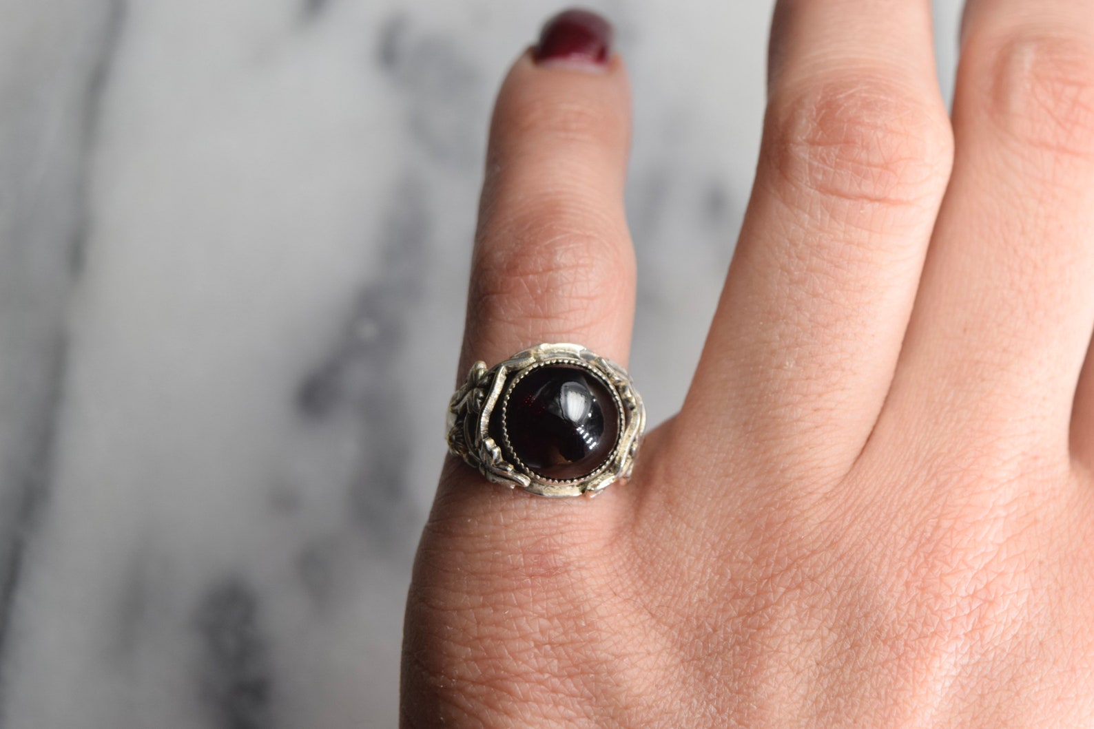 Antique Art Nouveau Garnet Cabochon Ring With Silver Shank