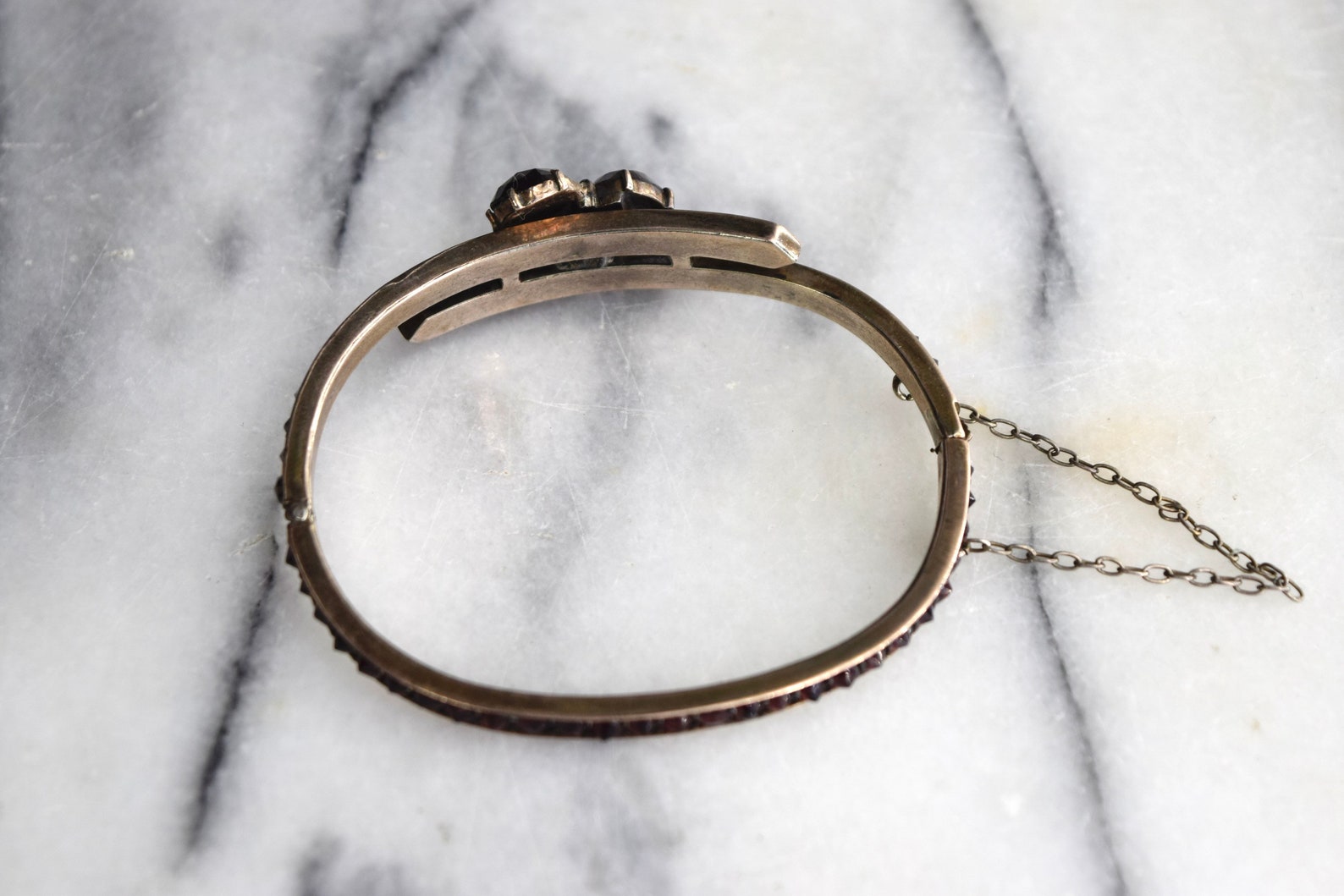 Antique Victorian Bohemian Garnet Three Leaf Clover Bracelet c.1880s