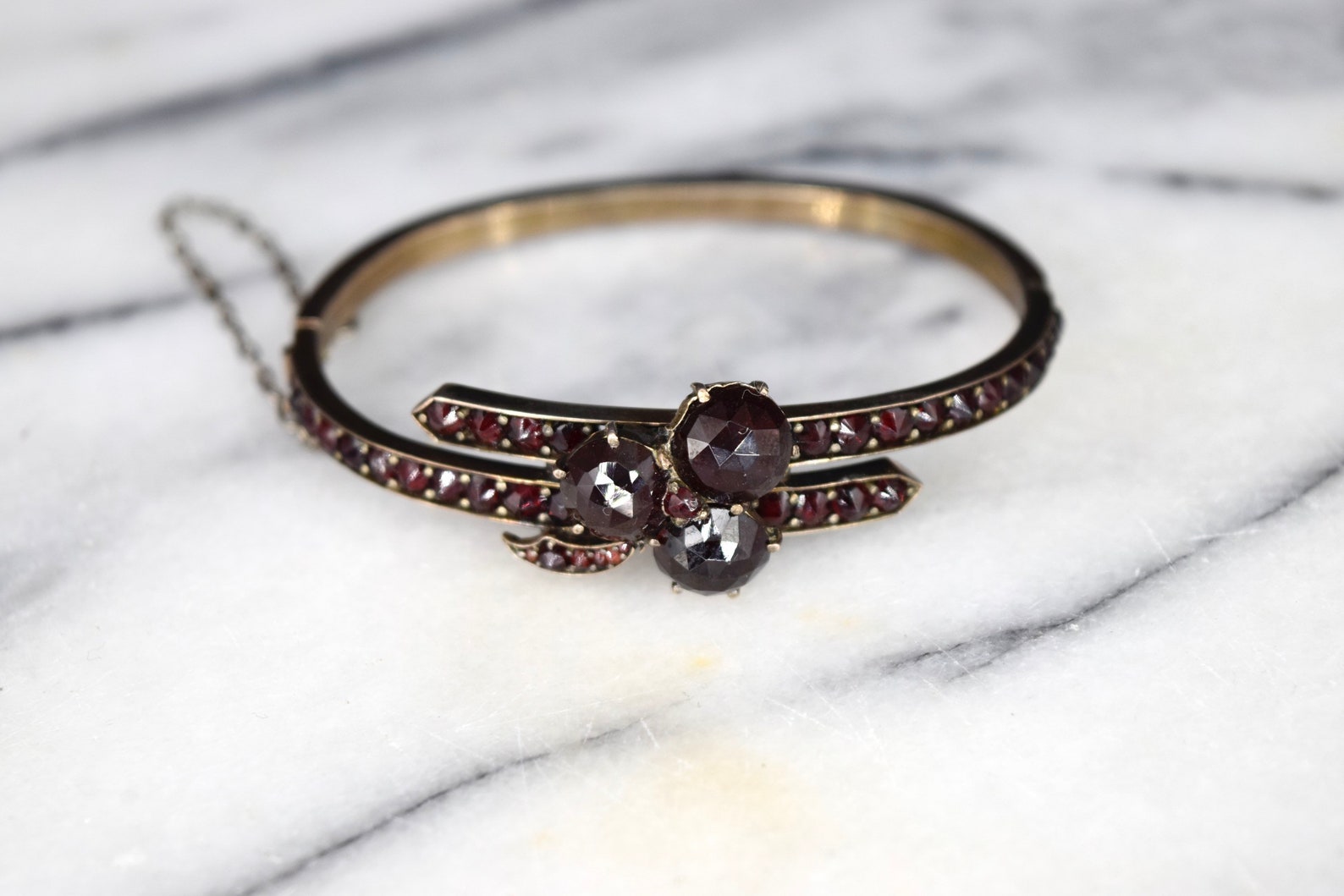 Antique Victorian Bohemian Garnet Three Leaf Clover Bracelet c.1880s