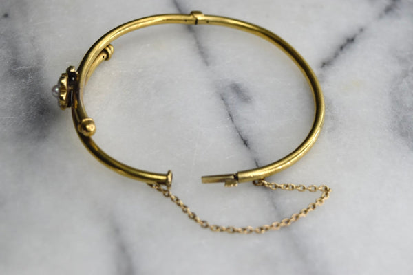 Antique Edwardian 14k Gold Hinged Bangle Bracelet with Pearl Flower