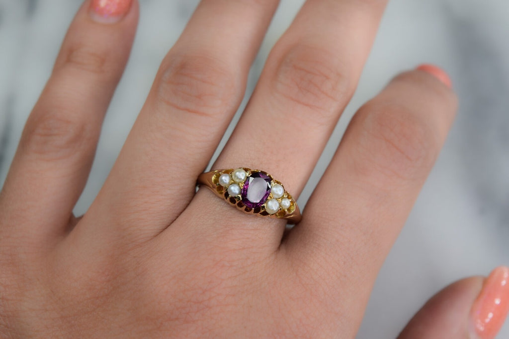 Antique Edwardian 18k Rhodolite Garnet and Pearl Ring