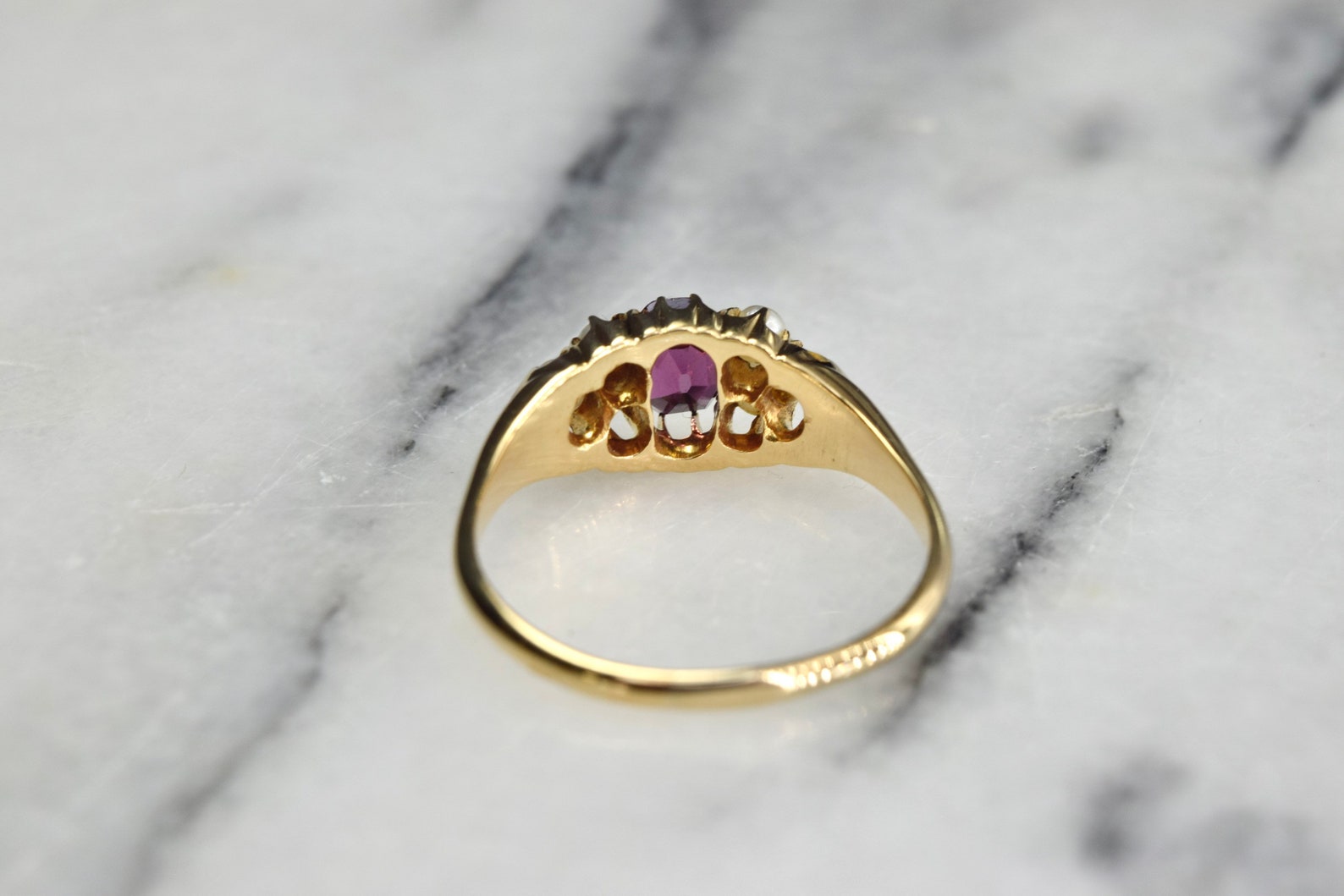 Antique Edwardian 18k Rhodolite Garnet and Pearl Ring