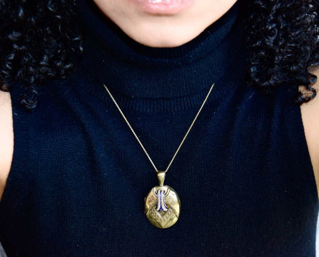 Antique Victorian 14k Gold Etruscan Revival Locket with Blue Enamel and Seed Pearls