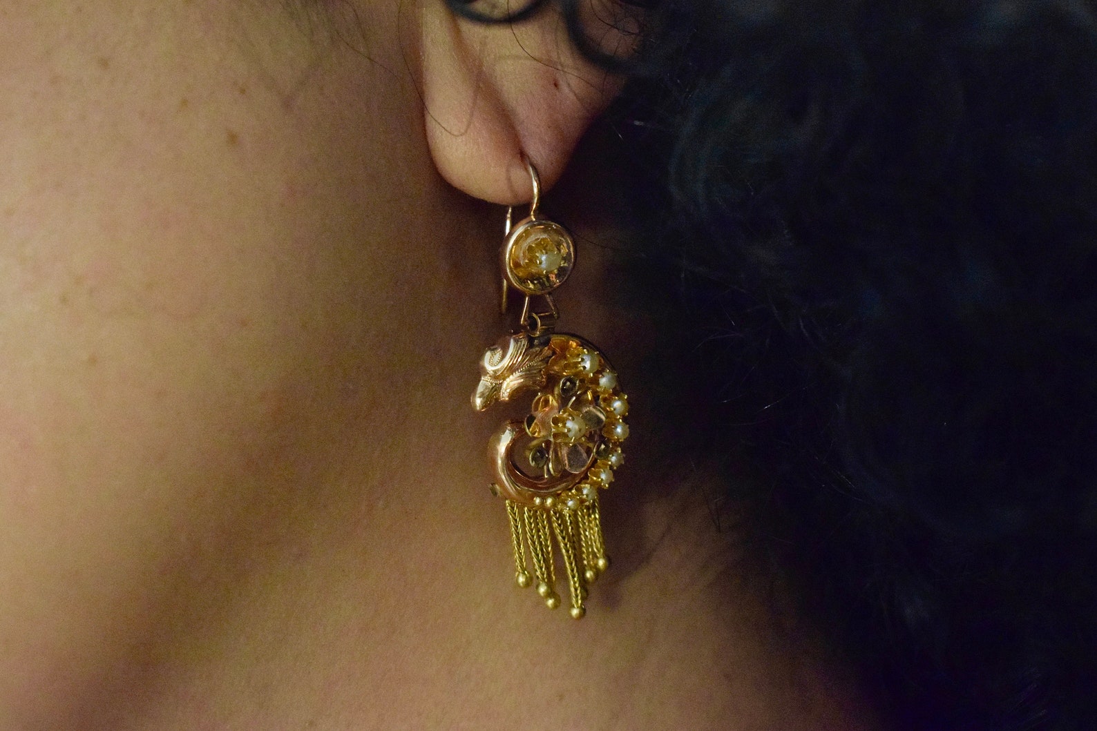 Antique Victorian 14k Gold Swan Earrings with Seed Pearls