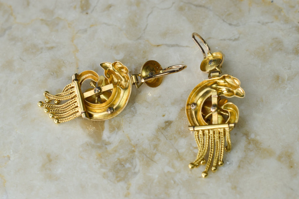 Antique Victorian 14k Gold Swan Earrings with Seed Pearls