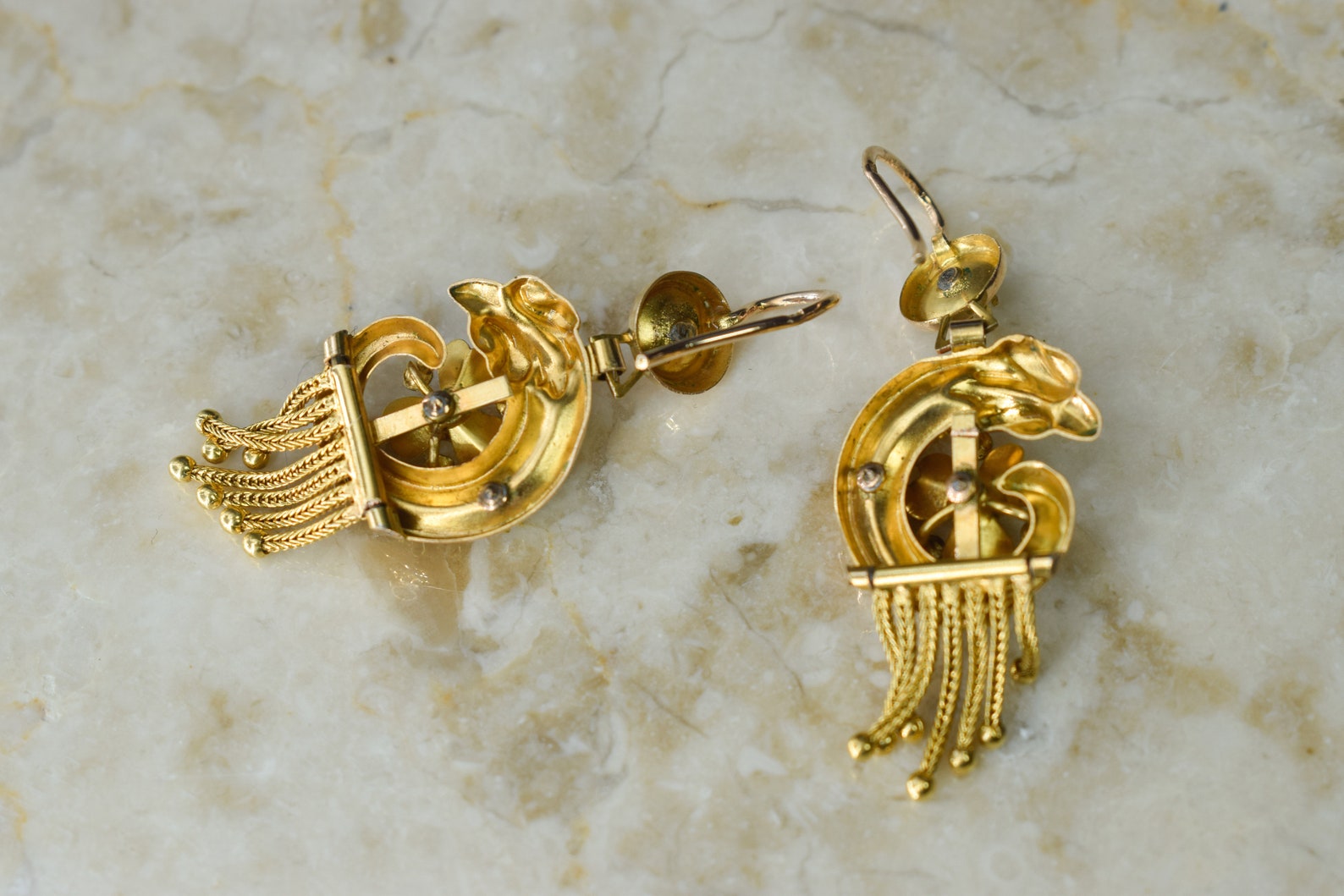 Antique Victorian 14k Gold Swan Earrings with Seed Pearls