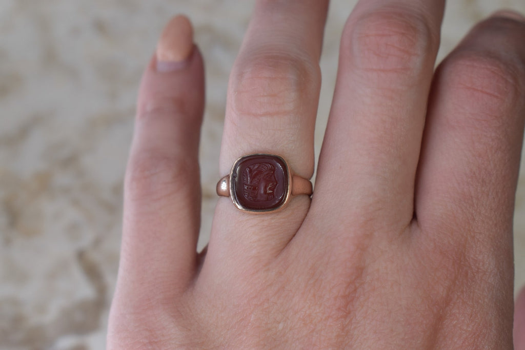 Antique Art Deco 14k Gold Carved Carnelian Egyptian Woman Cameo Ring